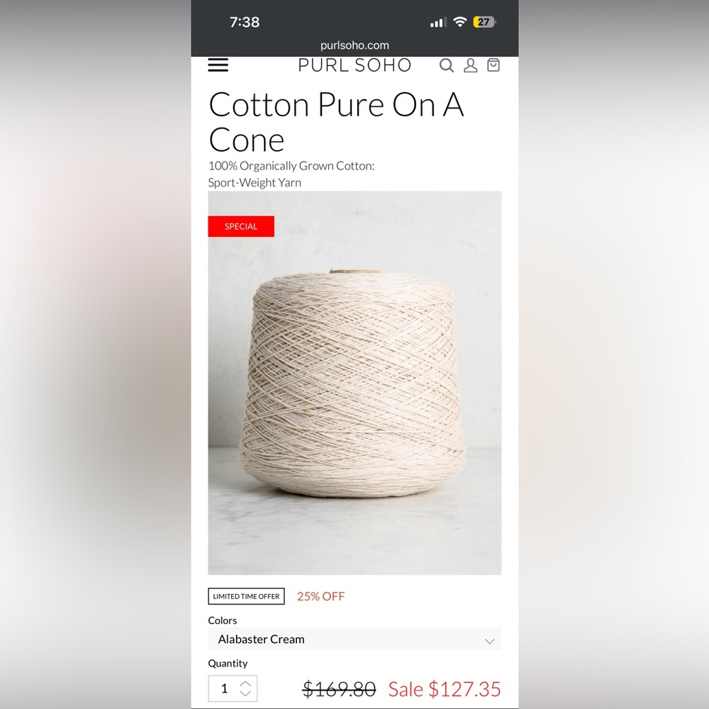 PURL SOHO
Cotton Pure On A Cone
100% Organically Grown Cotton:
Sport-Weight Yarn